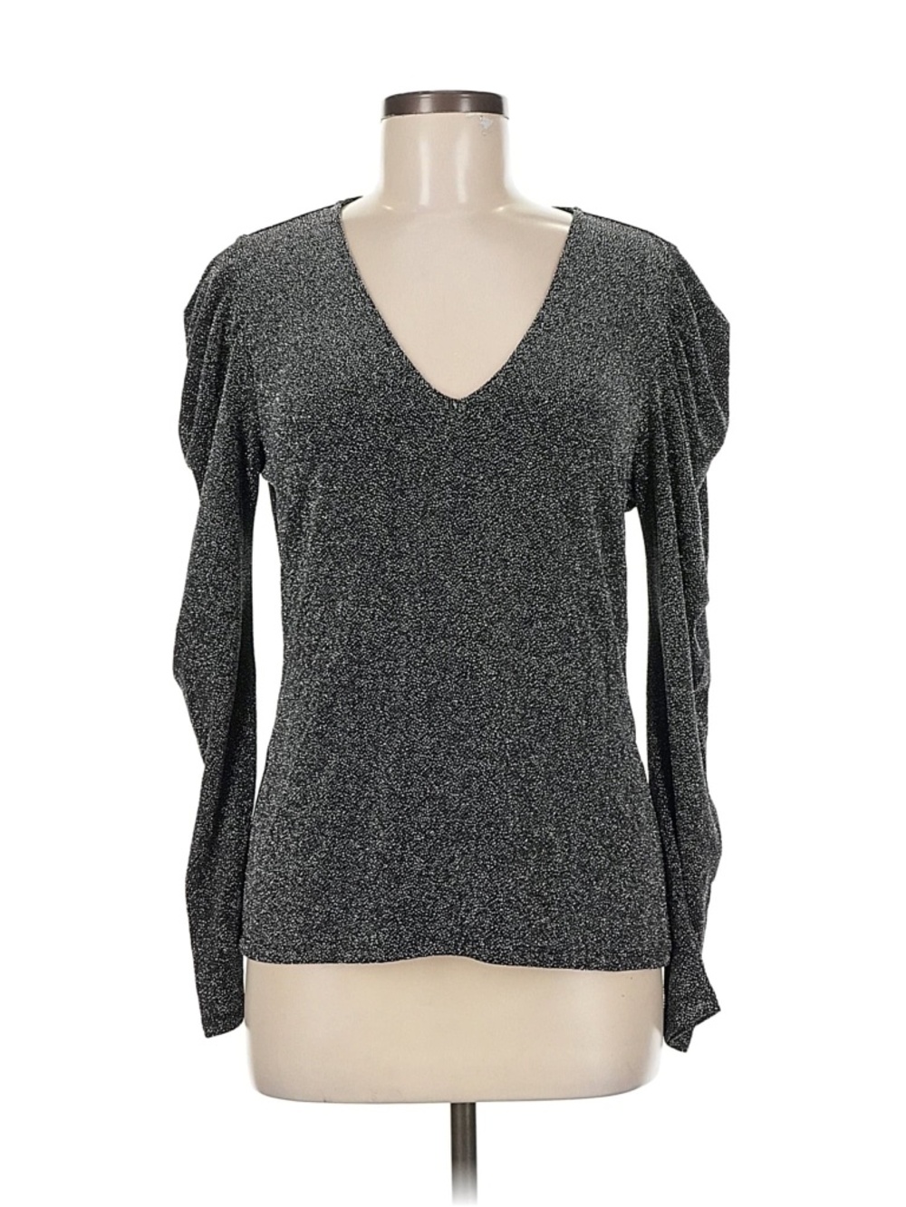 White House Black Market Metallic Shimmer Puff Sleeve Top Black Medium